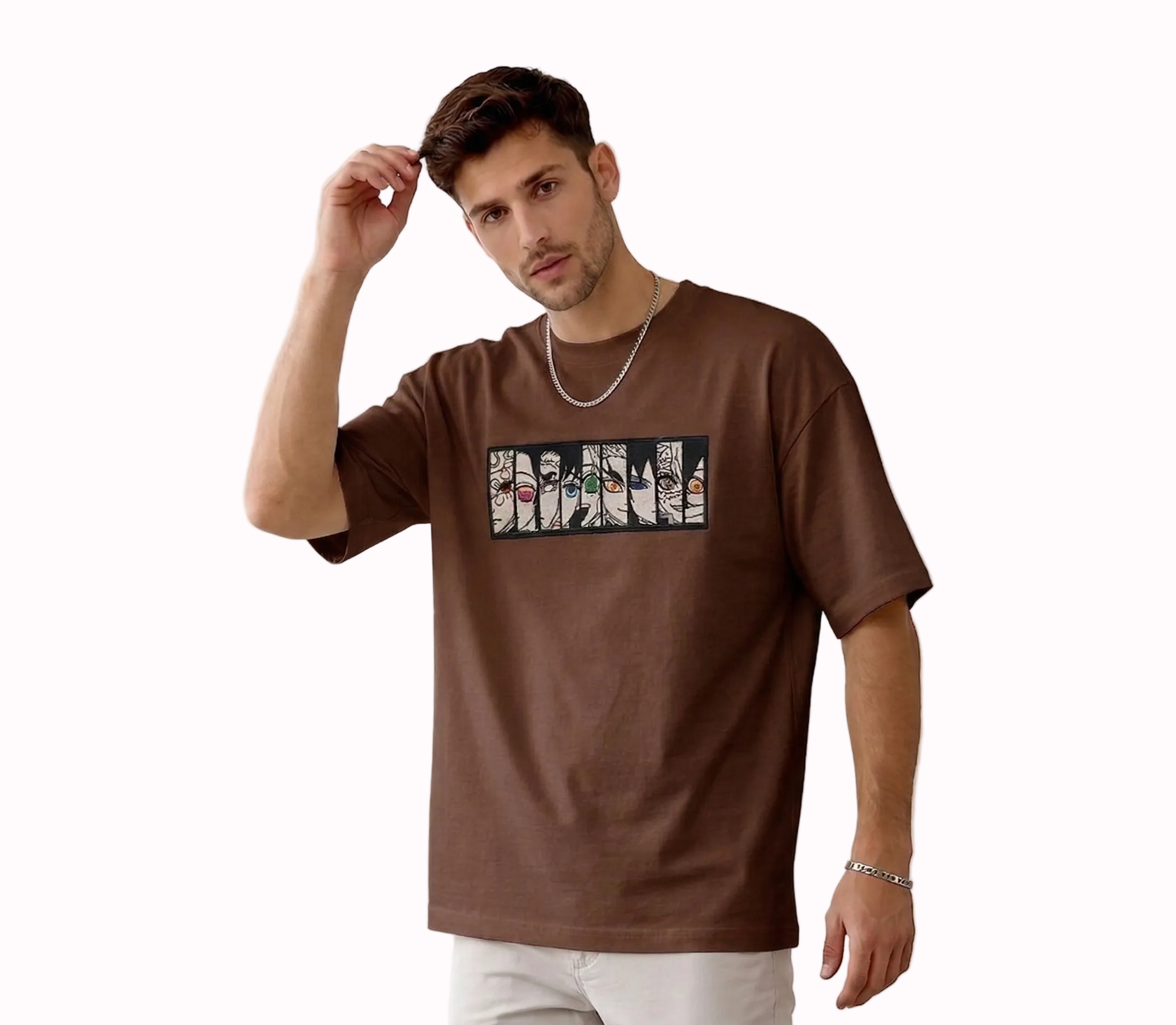 "Anetoonz premium brown oversized streetwear T-shirt for men with half sleeves and custom anime-themed embroidery."