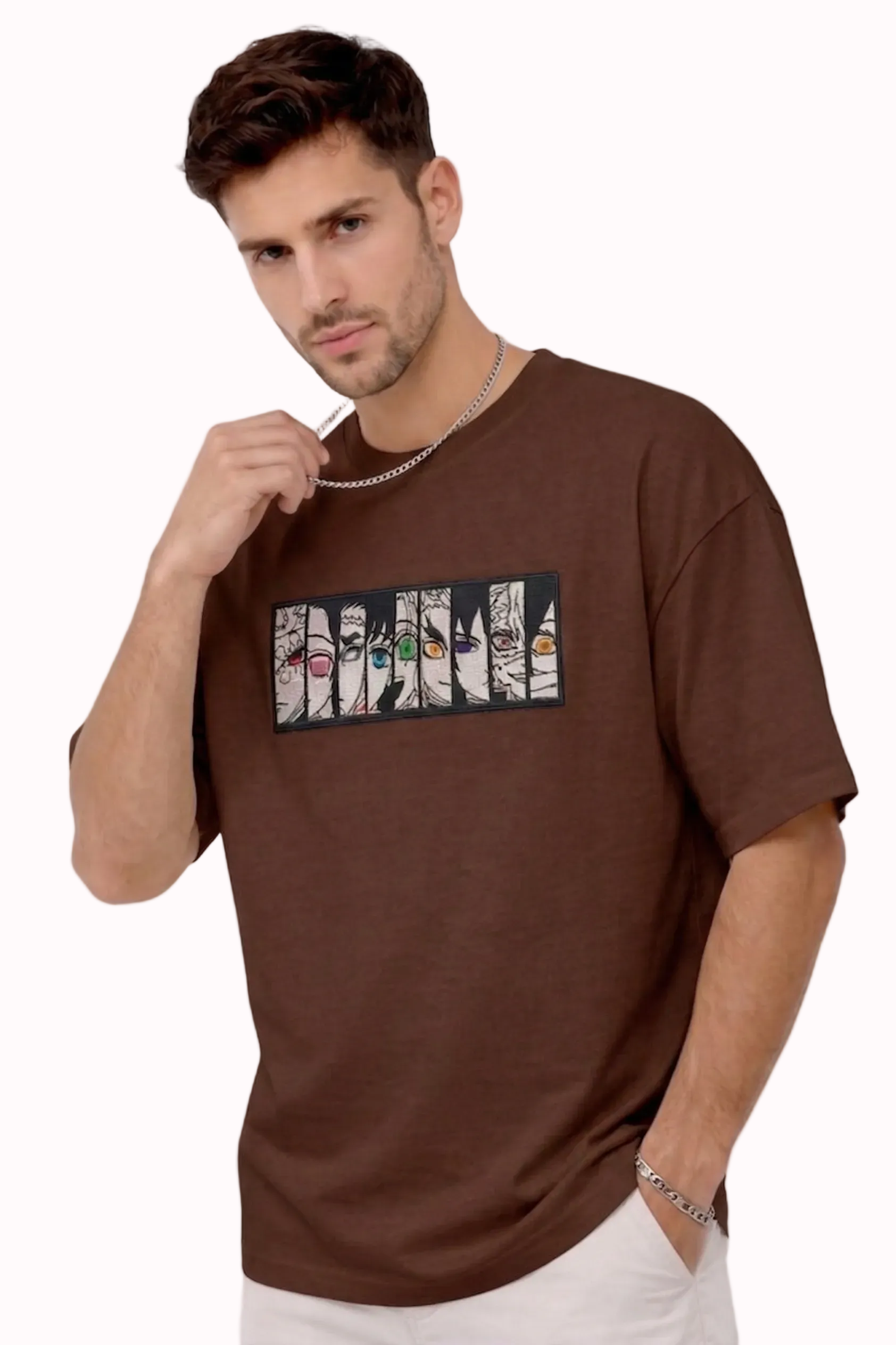 "Anetoonz premium brown oversized streetwear T-shirt for men with half sleeves and custom anime-themed embroidery."