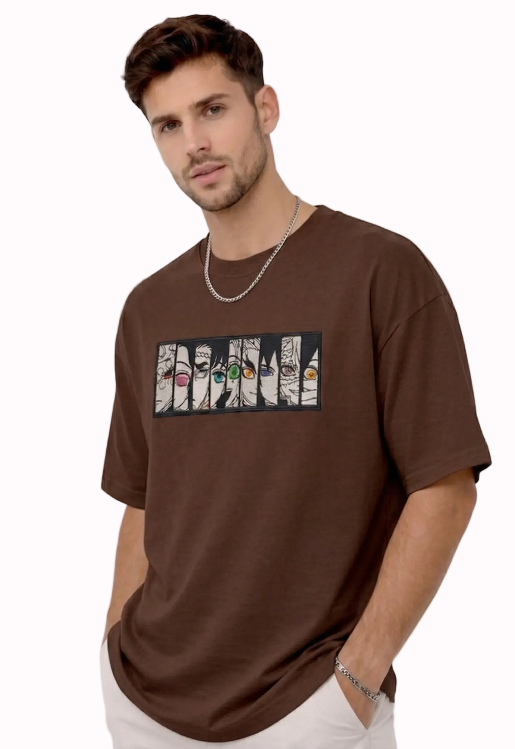 "Anetoonz premium brown oversized streetwear T-shirt for men with half sleeves and custom anime-themed embroidery."