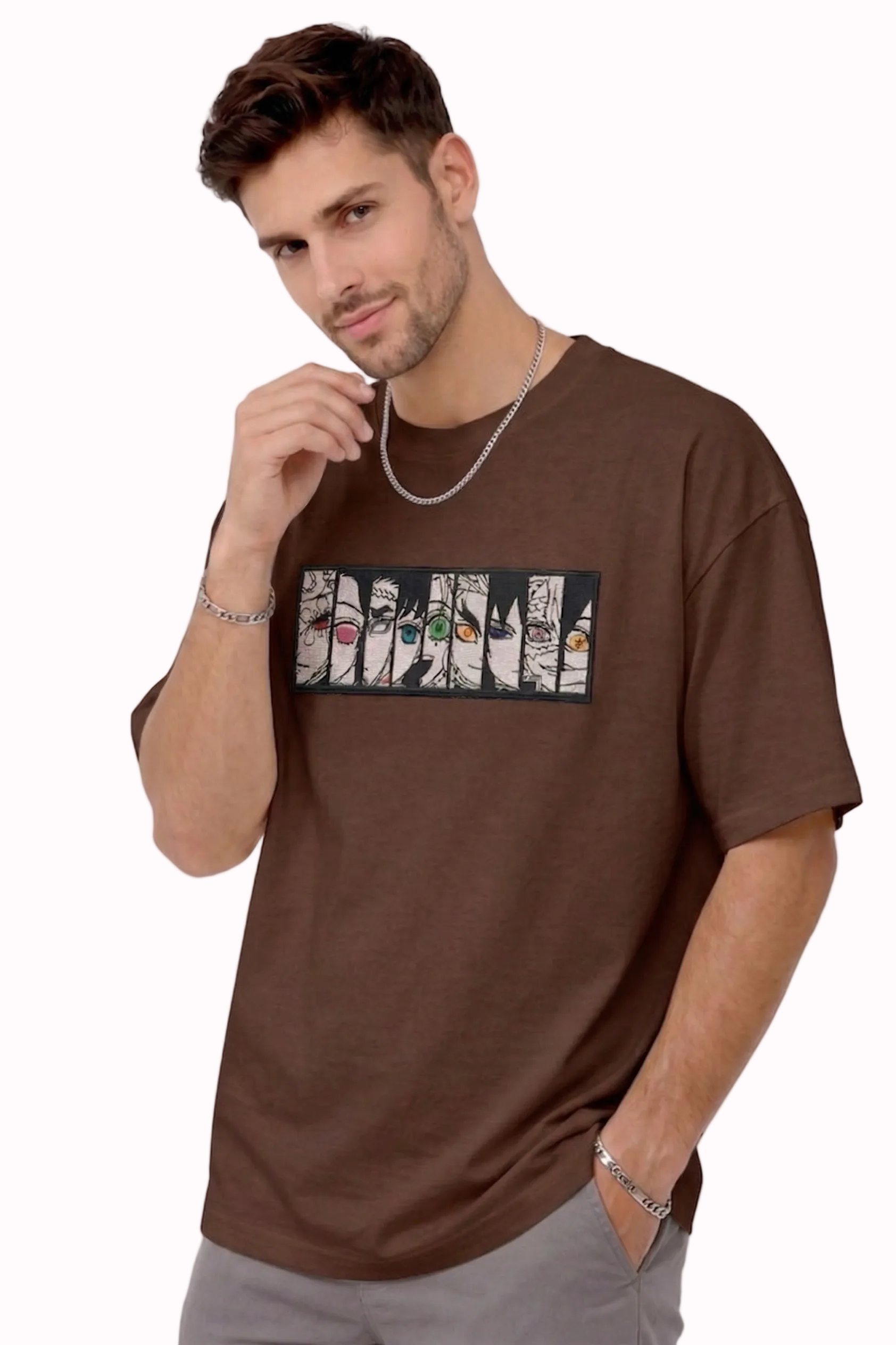 "Anetoonz premium brown oversized streetwear T-shirt for men with half sleeves and custom anime-themed embroidery."