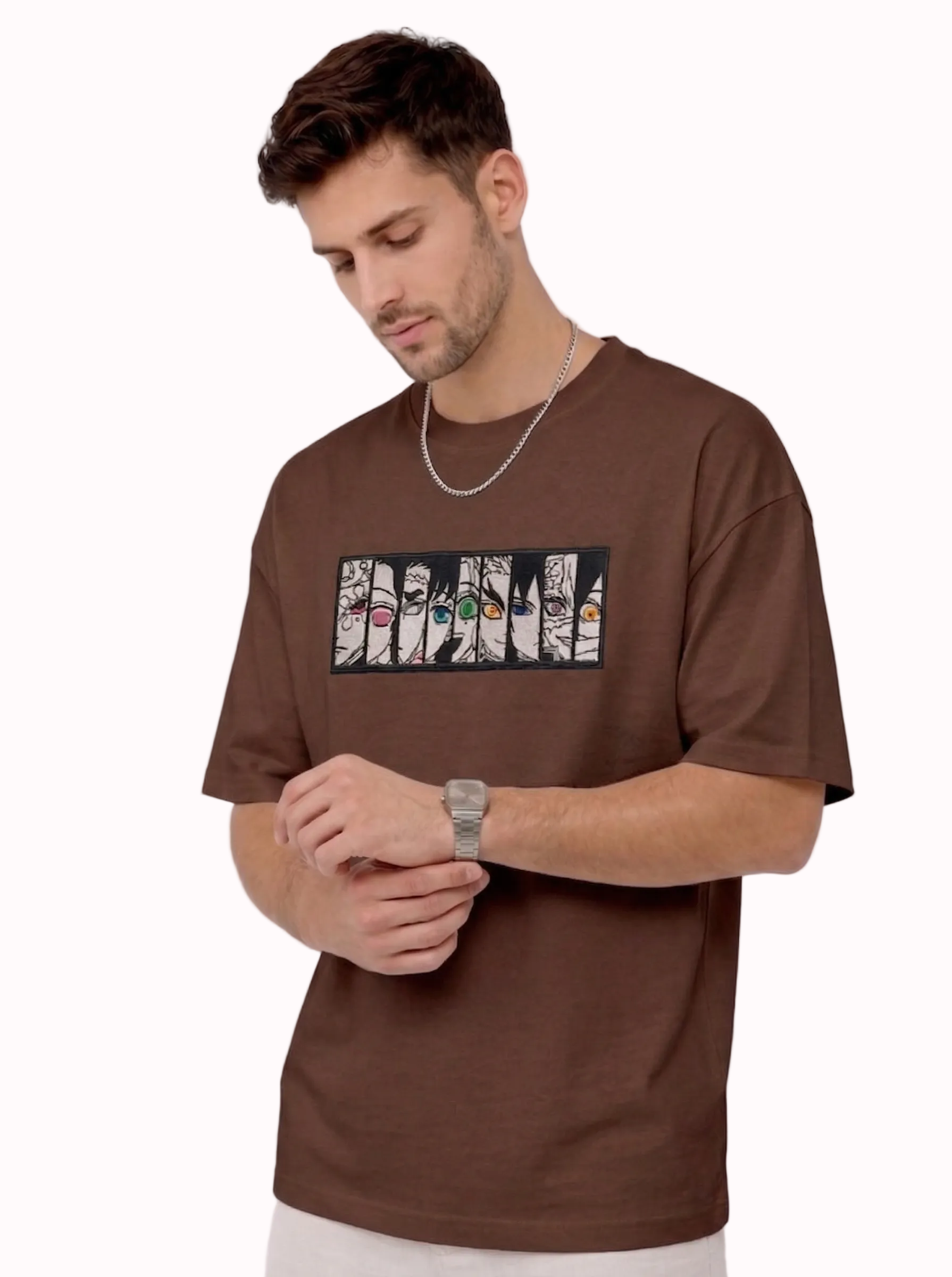 "Anetoonz premium brown oversized streetwear T-shirt for men with half sleeves and custom anime-themed embroidery."