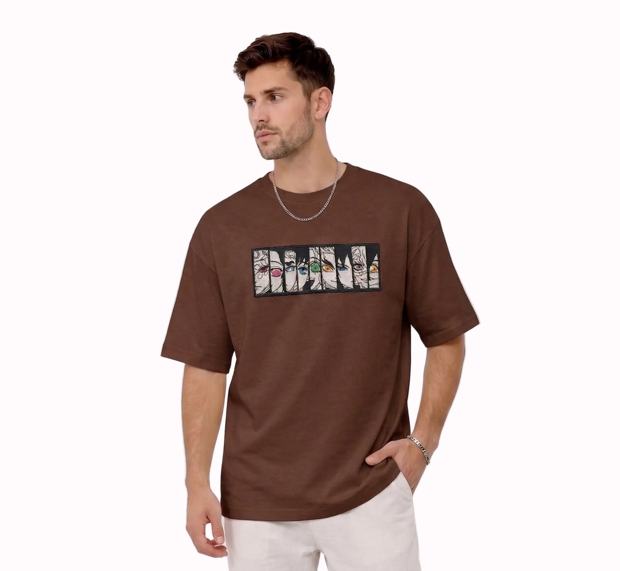 "Anetoonz premium brown oversized streetwear T-shirt for men with half sleeves and custom anime-themed embroidery."