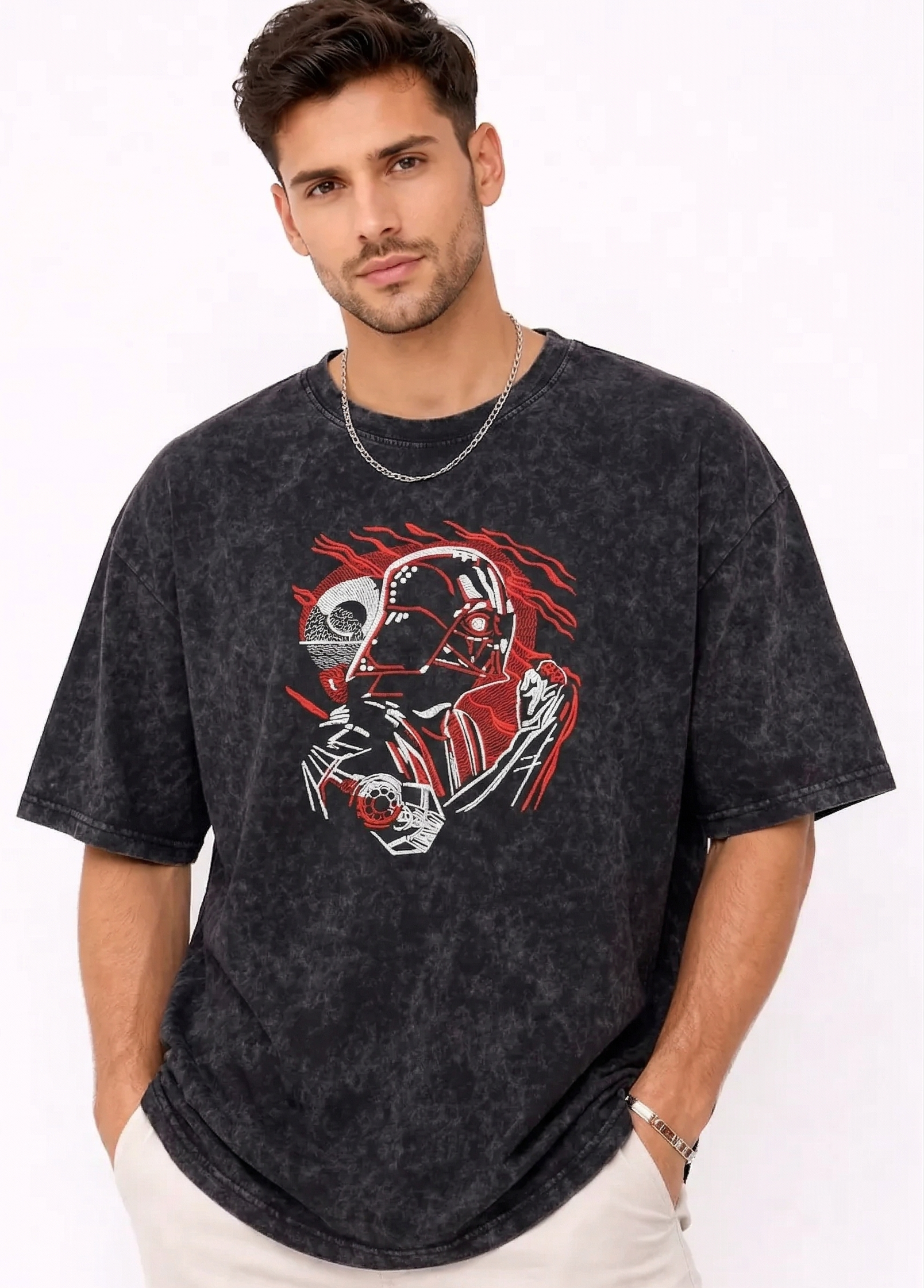 "Anetoonz premium streetwear: oversized acid-wash T-shirt for men with custom Star Wars inspired embroidery and half sleeves."