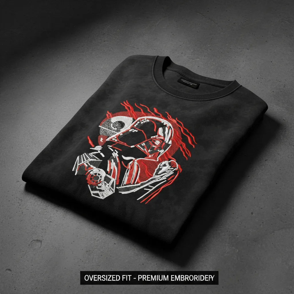 "Anetoonz premium streetwear: oversized acid-wash T-shirt for men with custom Star Wars inspired embroidery and half sleeves."