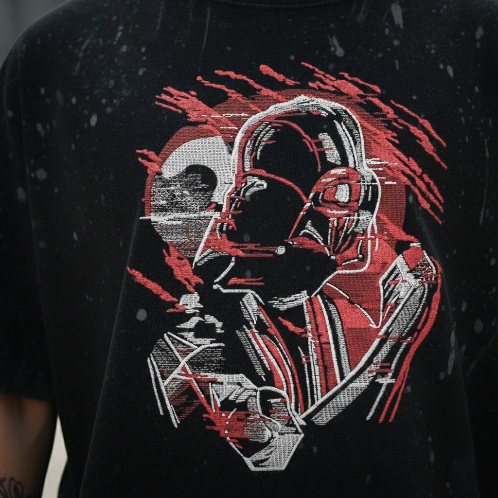 "Anetoonz premium streetwear: oversized acid-wash T-shirt for men with custom Star Wars inspired embroidery and half sleeves."