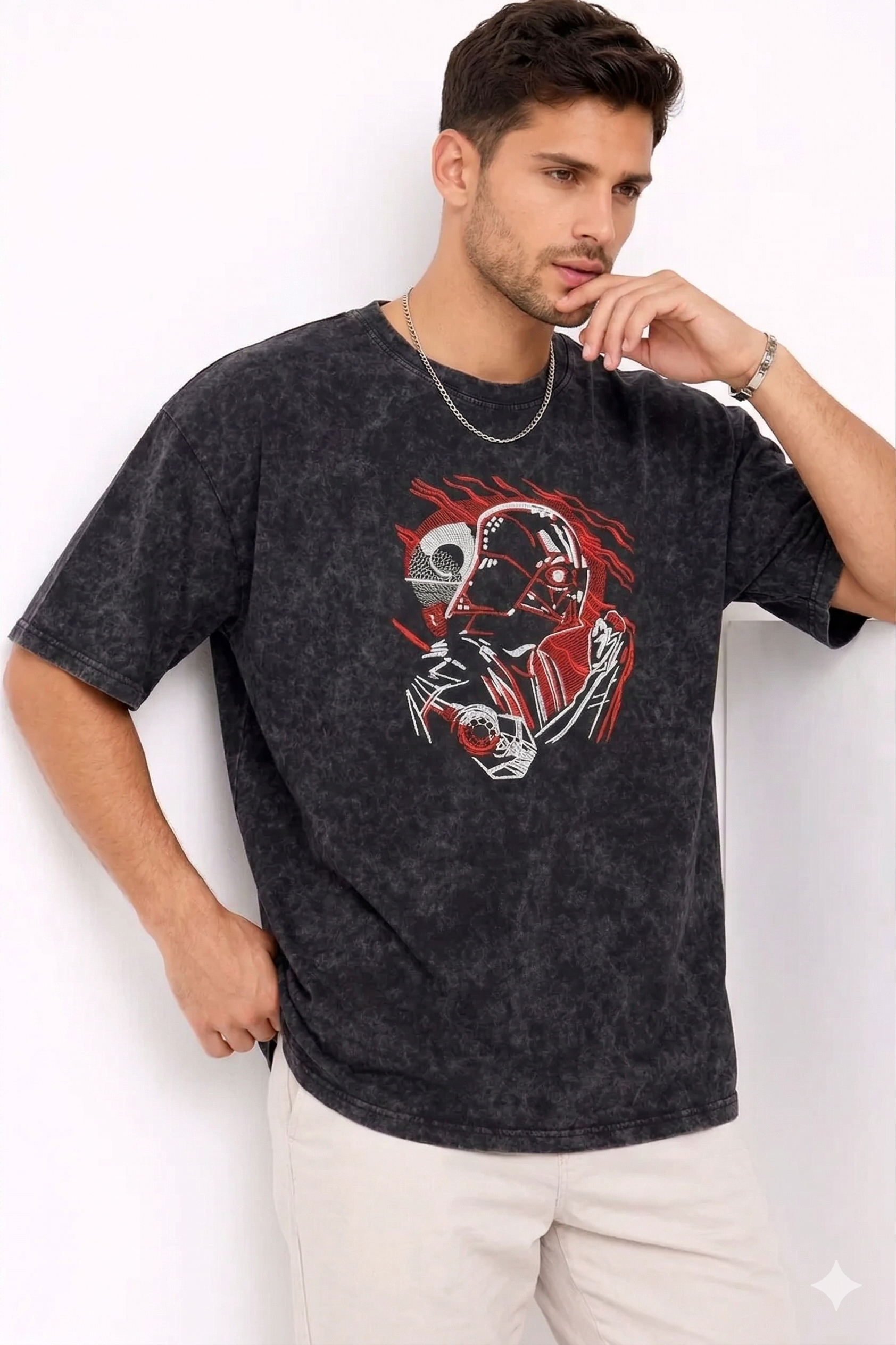 "Anetoonz premium streetwear: oversized acid-wash T-shirt for men with custom Star Wars inspired embroidery and half sleeves."