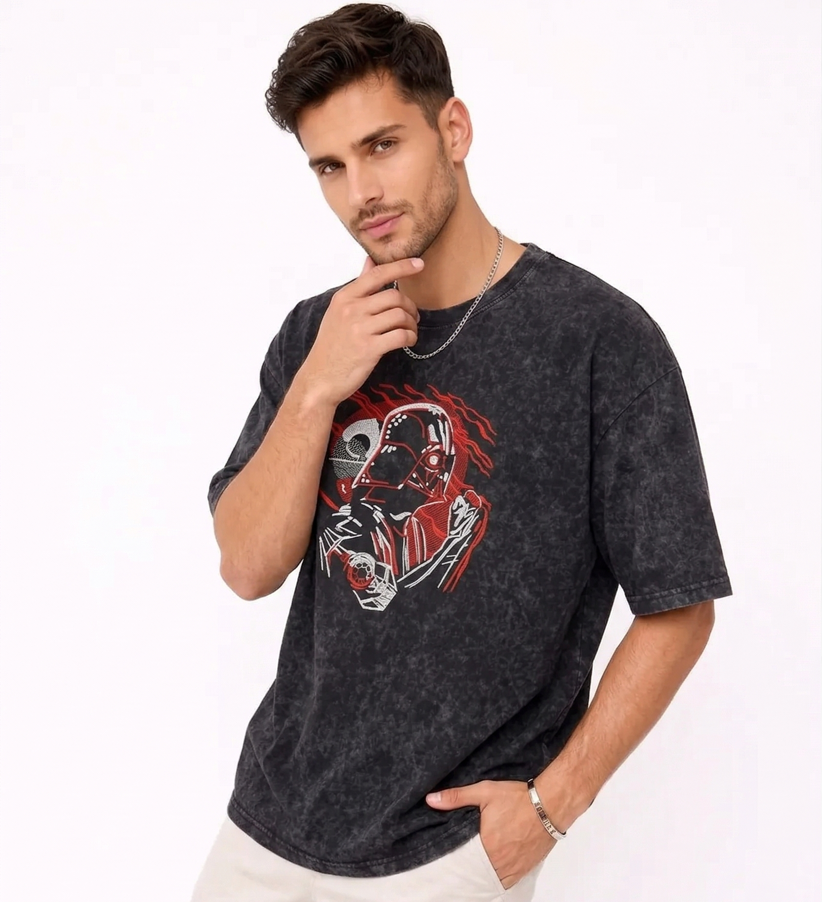"Anetoonz premium streetwear: oversized acid-wash T-shirt for men with custom Star Wars inspired embroidery and half sleeves."