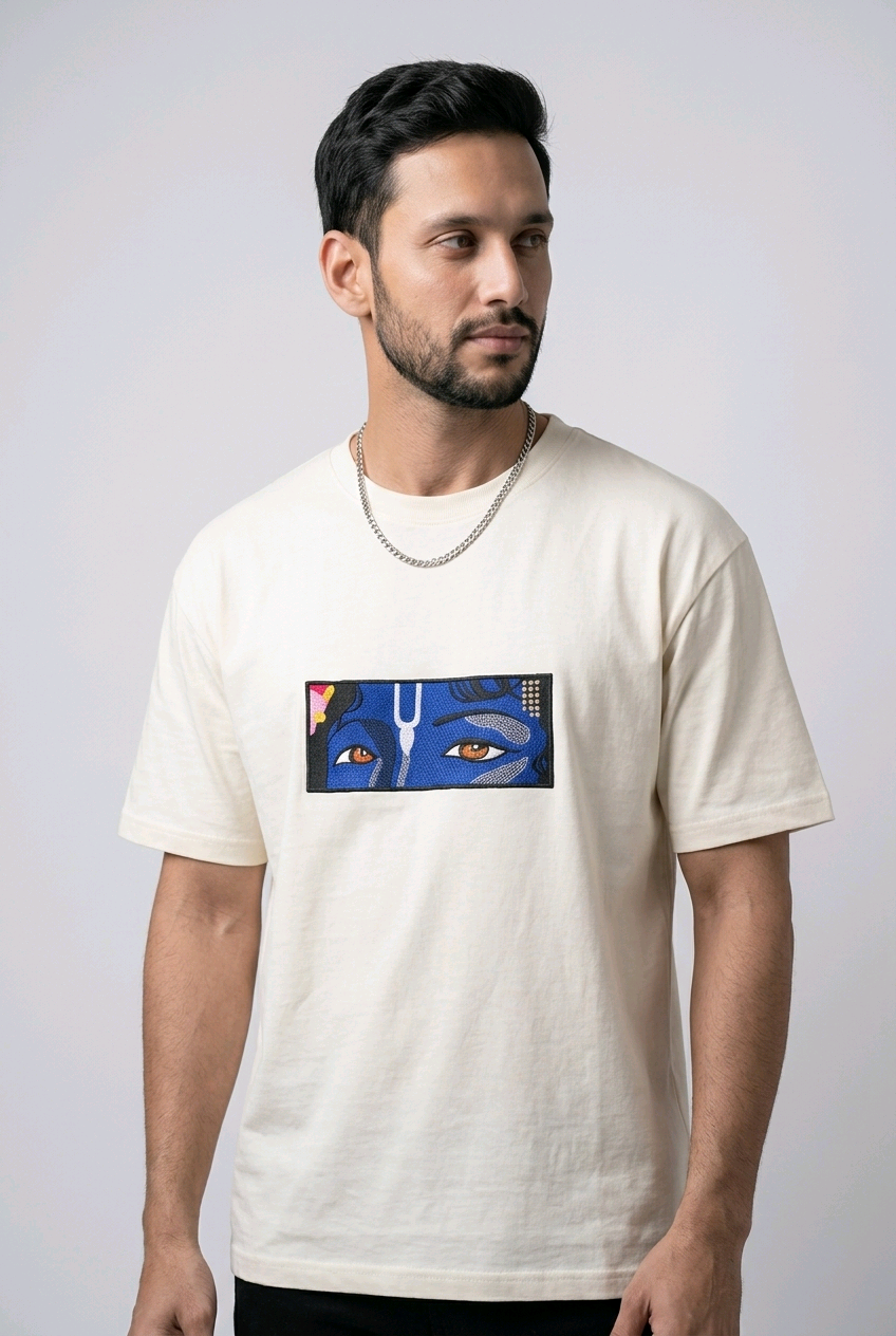 
"Anetoonz premium off-white oversized T-shirt for men with half sleeves and a custom cultural embroidery design."