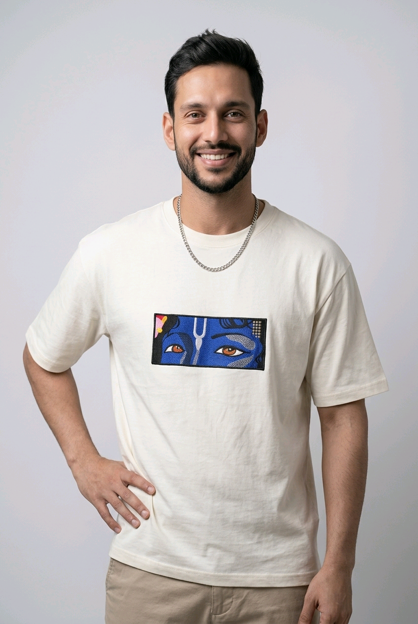 "Anetoonz premium off-white oversized T-shirt for men with half sleeves and a custom cultural embroidery design."