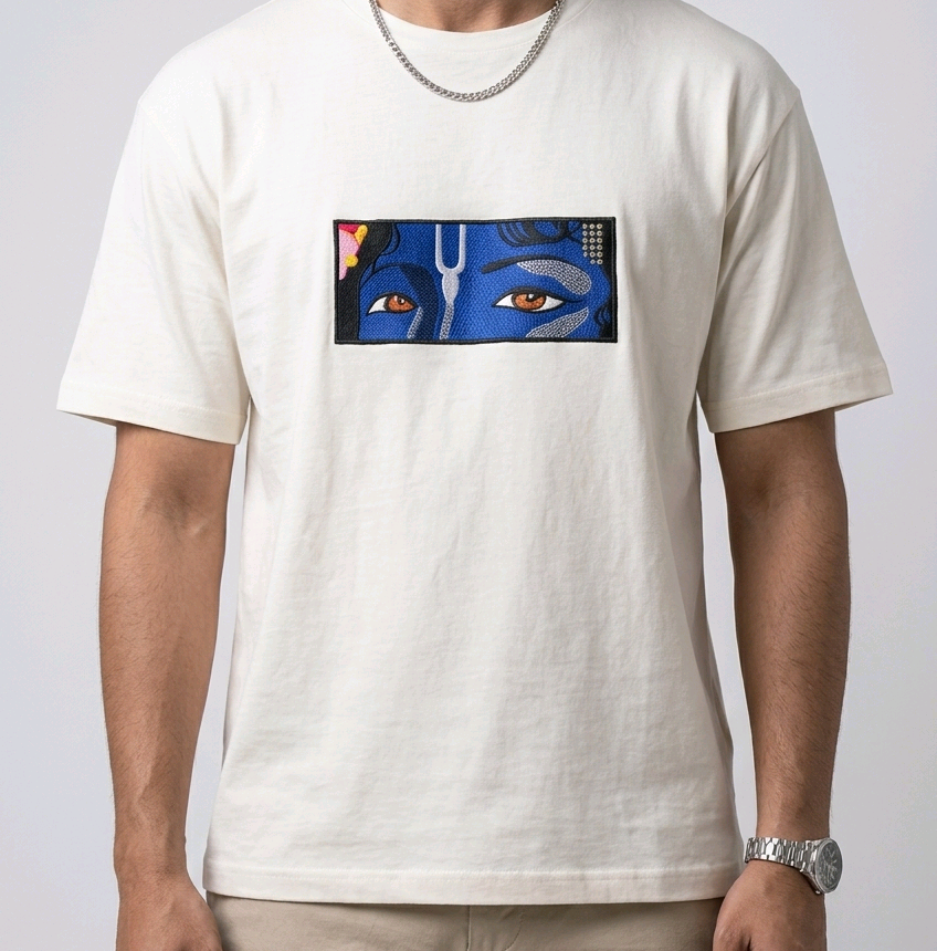 "Anetoonz premium off-white oversized T-shirt for men with half sleeves and a custom cultural embroidery design."