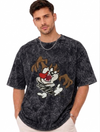 E-commerce product photo of a premium acid-wash streetwear t-shirt with custom character embroidery and a relaxed, oversized fit.