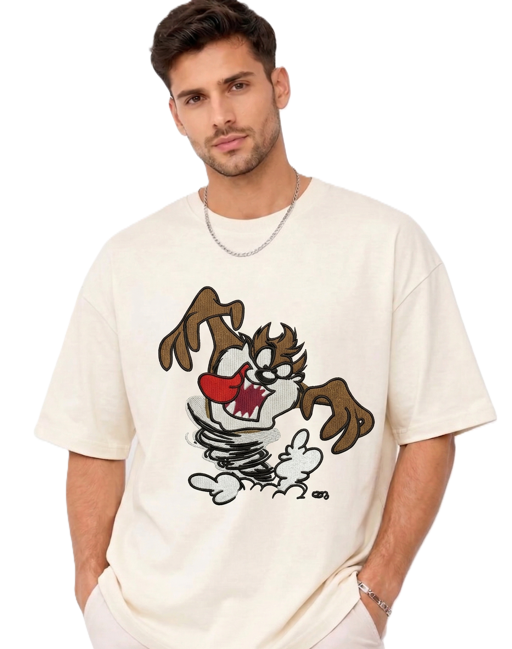 E-commerce product photo of a premium off-white streetwear t-shirt with custom character embroidery and a relaxed, drop-shoulder fit.