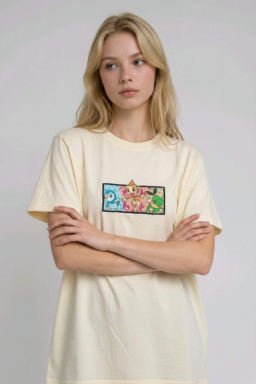 A young woman with wavy blonde hair standing against a plain grey studio background. She has her arms crossed and is wearing a white crew-neck t-shirt.

