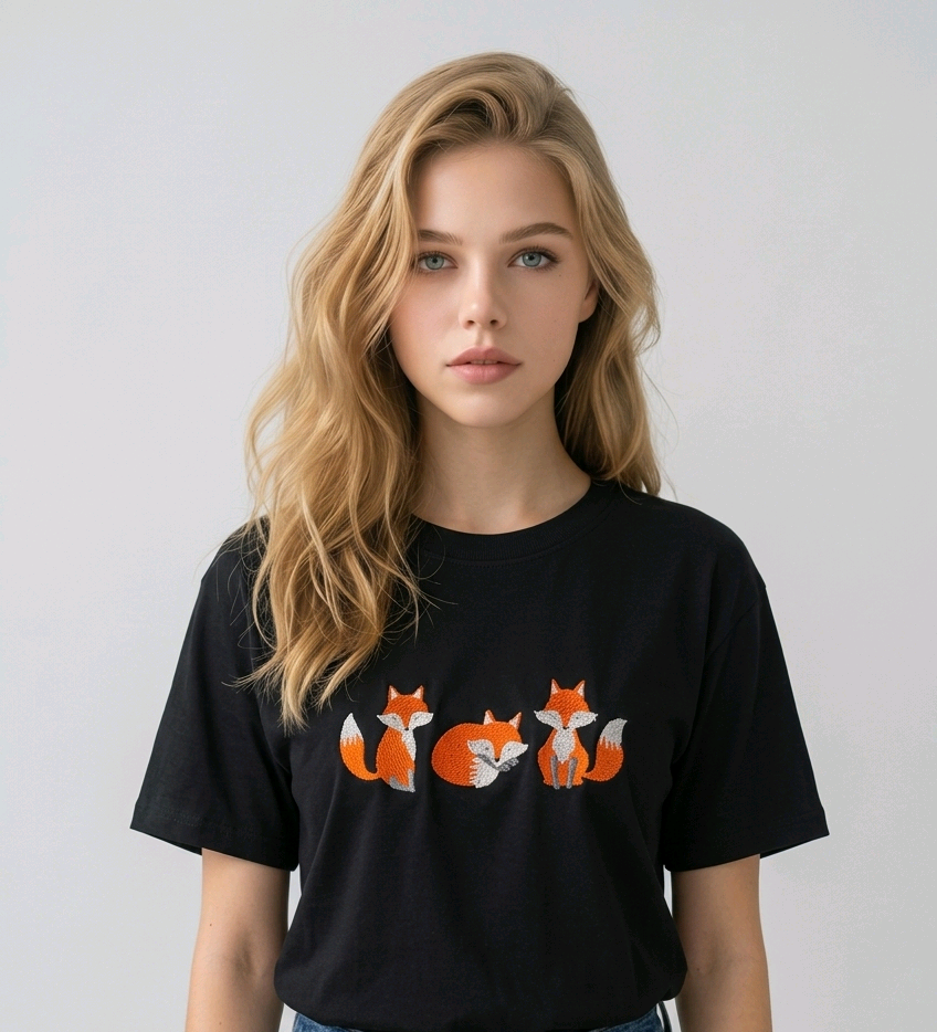 E-commerce model shot of a premium Black streetwear t-shirt with detailed animal embroidery and a relaxed fit.