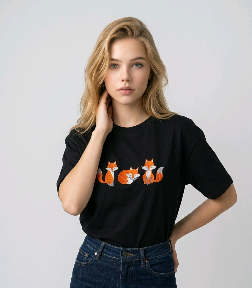 E-commerce model shot of a premium Black streetwear t-shirt with detailed animal embroidery and a relaxed fit.