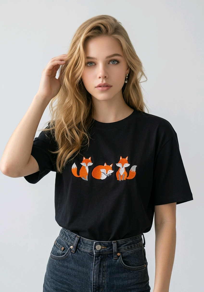 E-commerce model shot of a premium Black streetwear t-shirt with detailed animal embroidery and a relaxed fit.