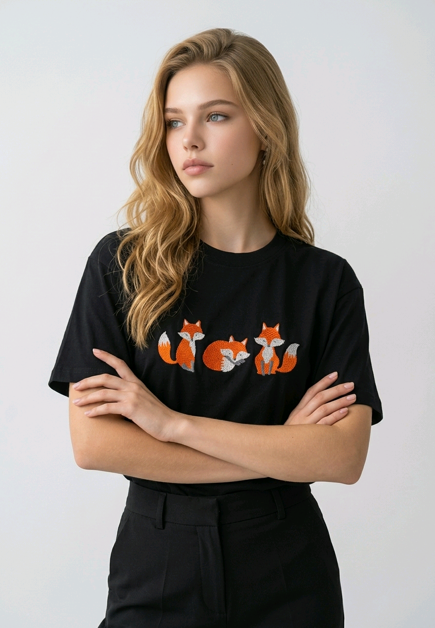 E-commerce model shot of a premium Black streetwear t-shirt with detailed animal embroidery and a relaxed fit.