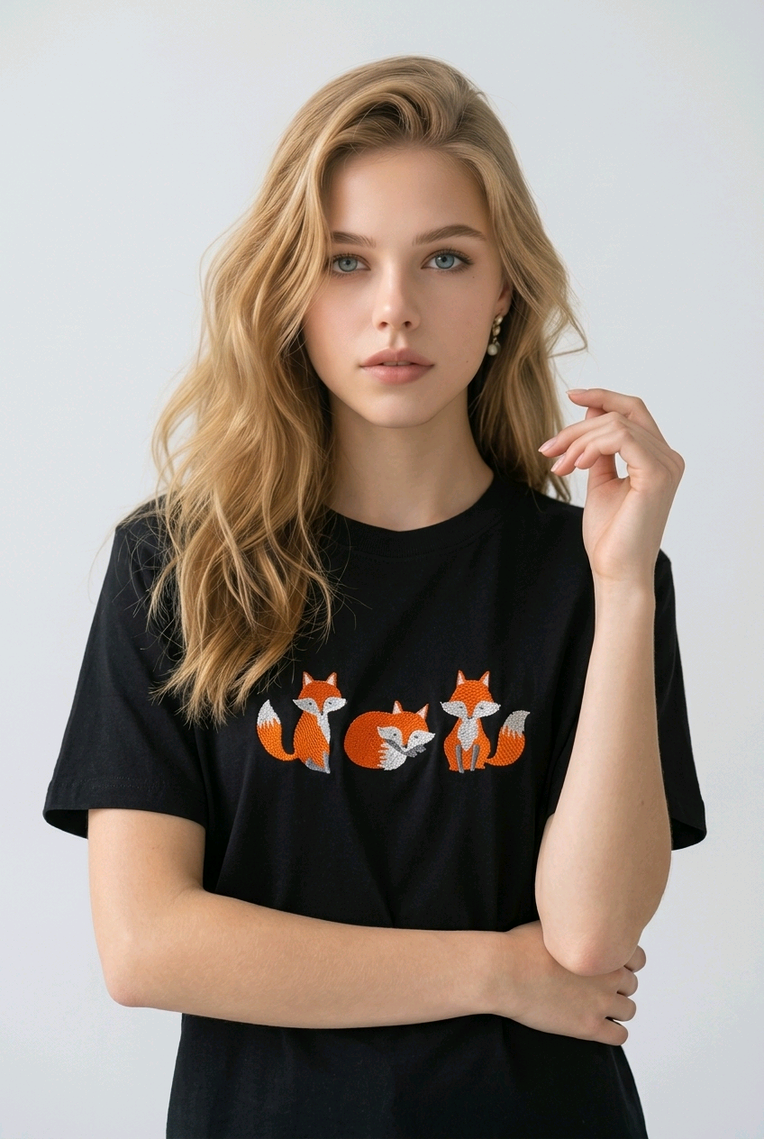E-commerce model shot of a premium Black streetwear t-shirt with detailed animal embroidery and a relaxed fit.