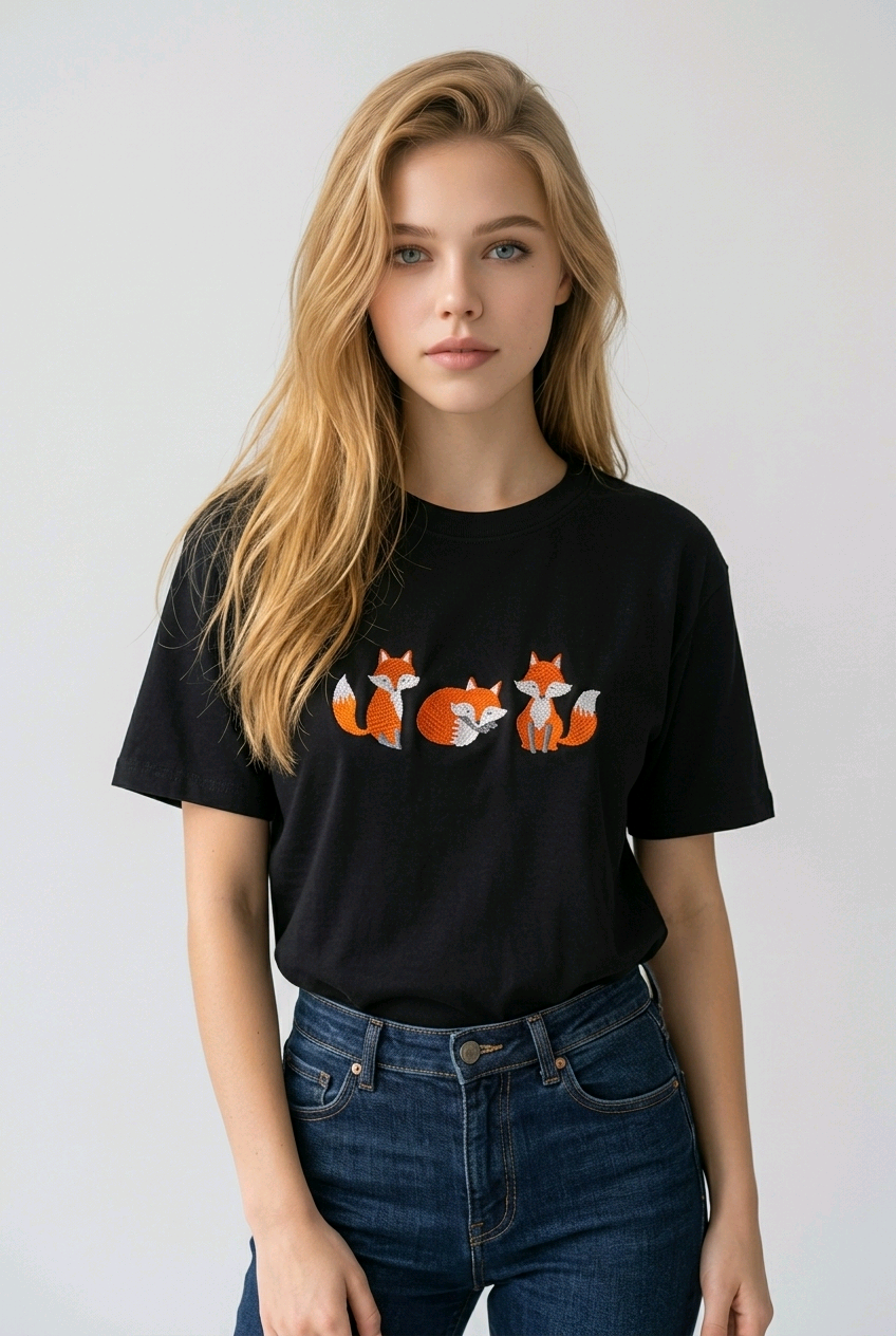 E-commerce model shot of a premium Black streetwear t-shirt with detailed animal embroidery and a relaxed fit.
