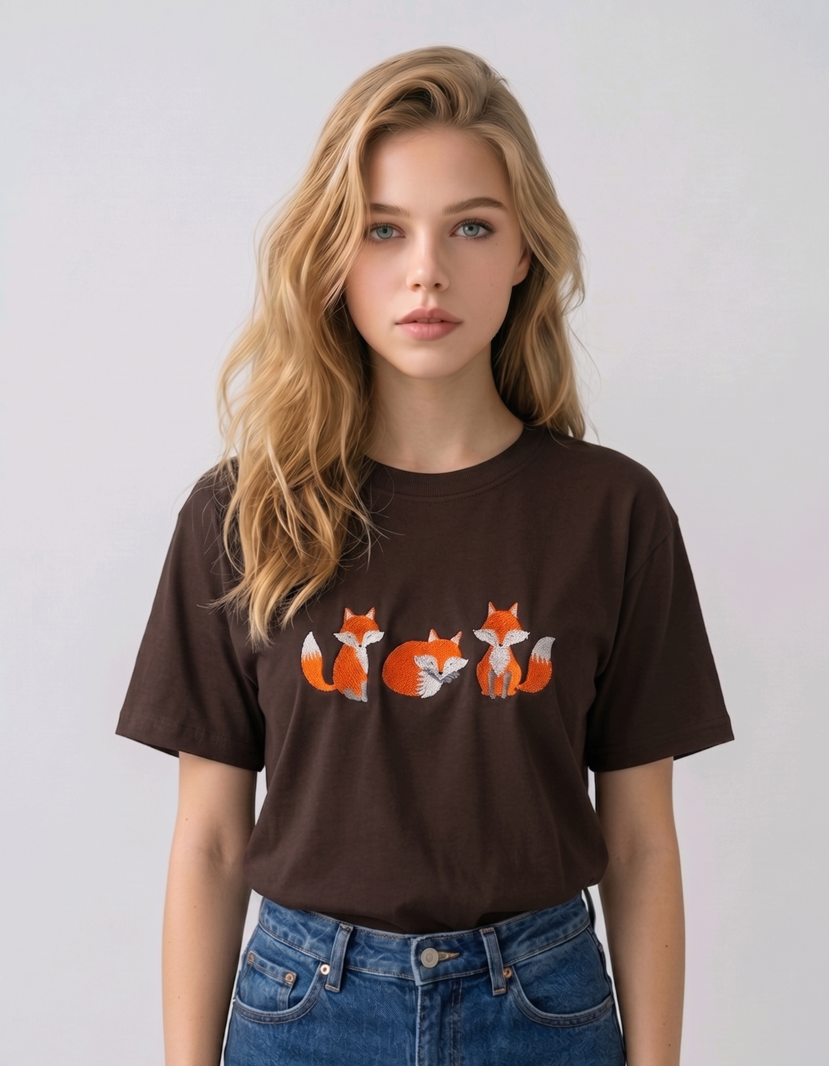 E-commerce model shot of a premium dark brown streetwear t-shirt with detailed animal embroidery and a relaxed fit.