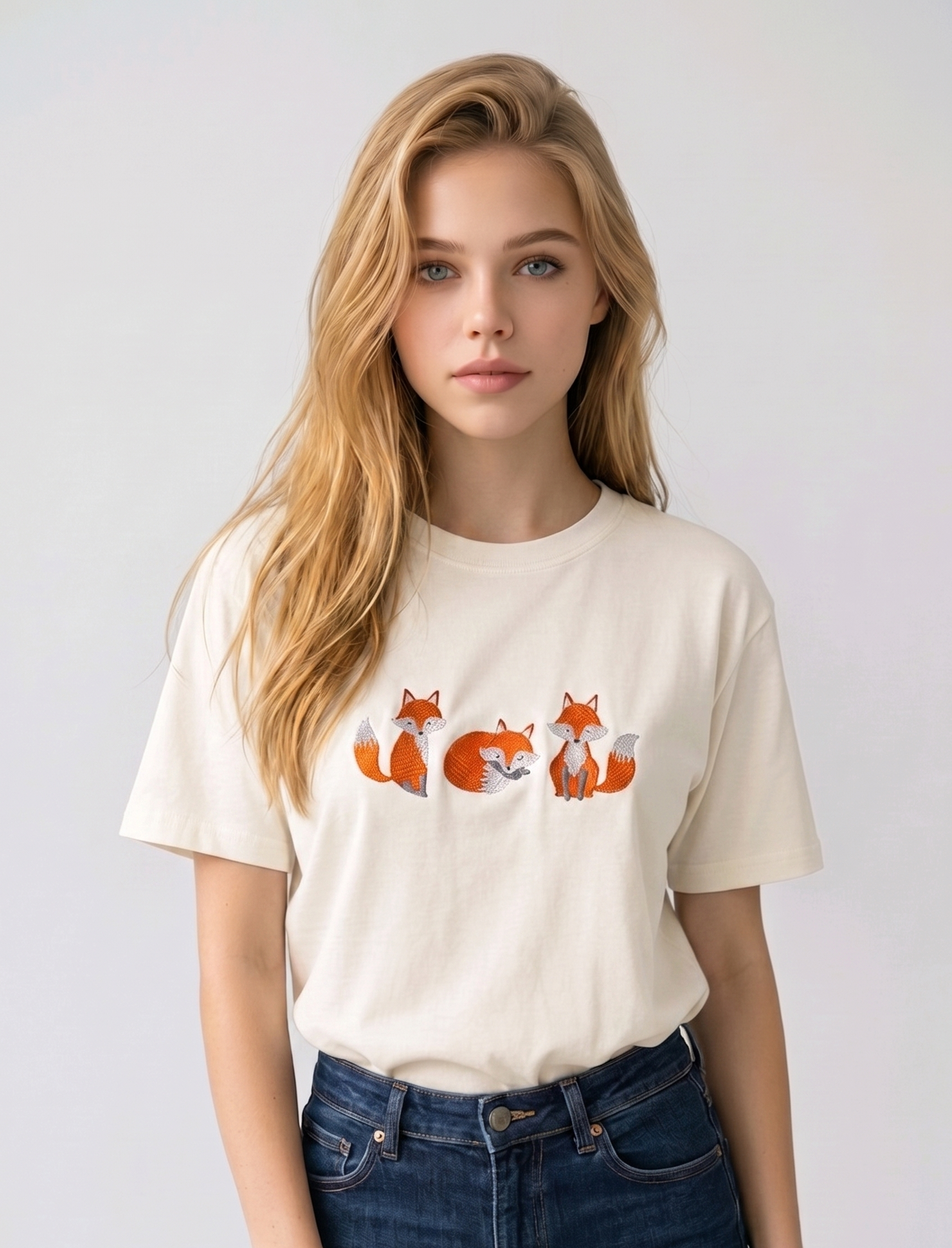 E-commerce model shot of a premium off white streetwear t-shirt with detailed animal embroidery and a relaxed fit.