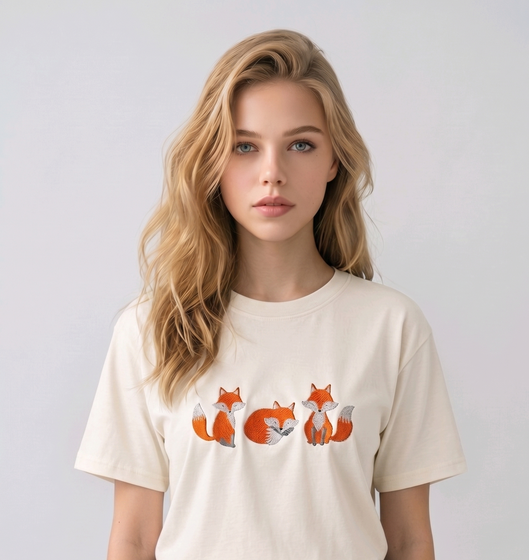E-commerce model shot of a premium off white streetwear t-shirt with detailed animal embroidery and a relaxed fit.