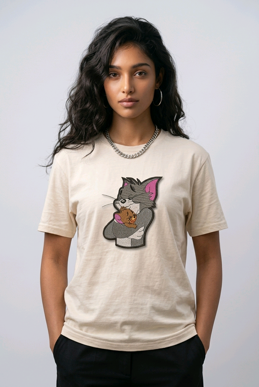 Woman wearing a beige t-shirt with a vintage Tom and Jerry cartoon patch.

