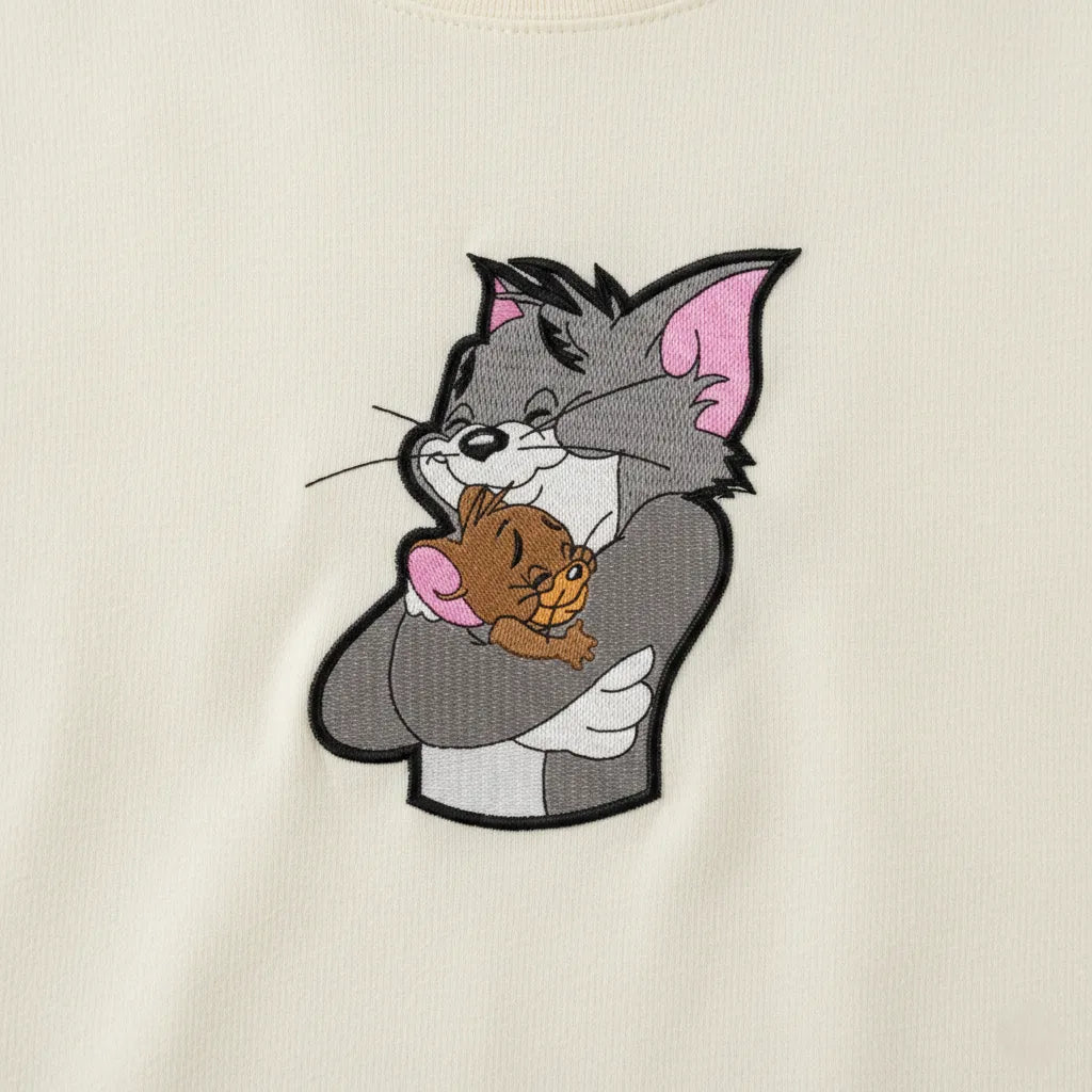 Woman wearing a beige t-shirt with a vintage Tom and Jerry cartoon patch.

