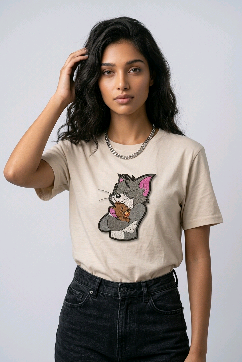 Woman wearing a beige t-shirt with a vintage Tom and Jerry cartoon patch.

