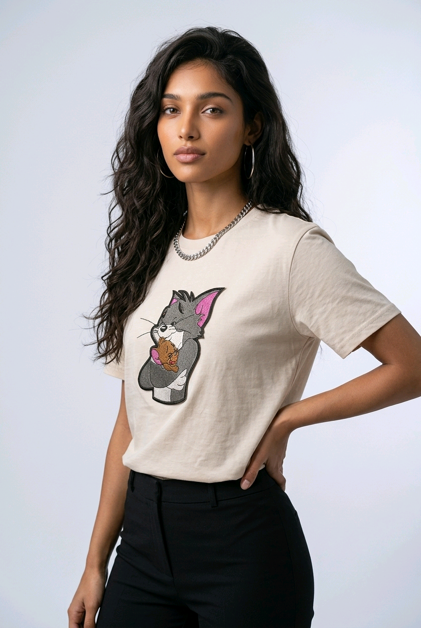 Woman wearing a beige t-shirt with a vintage Tom and Jerry cartoon patch.

