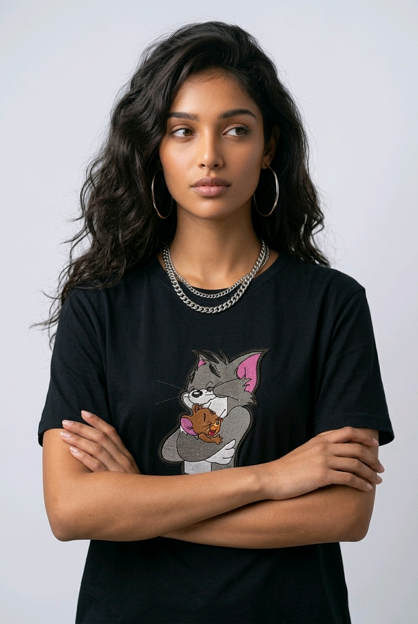 E-commerce product shot of a black streetwear t-shirt with custom character embroidery and a silver chain necklace accessory.