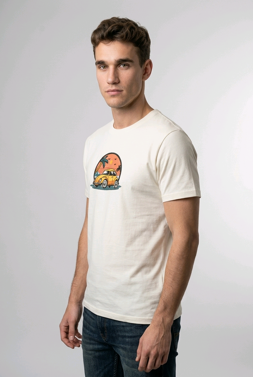 E-commerce product shot of a premium off-white streetwear t-shirt with a colorful summer-themed car embroidery and a standard fit.