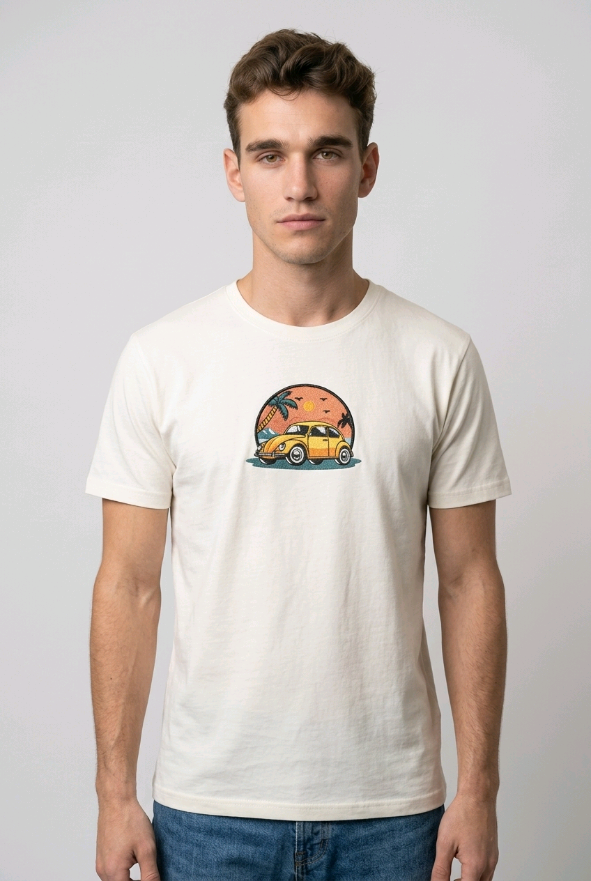 E-commerce product shot of a premium off-white streetwear t-shirt with a colorful summer-themed car embroidery and a standard fit.