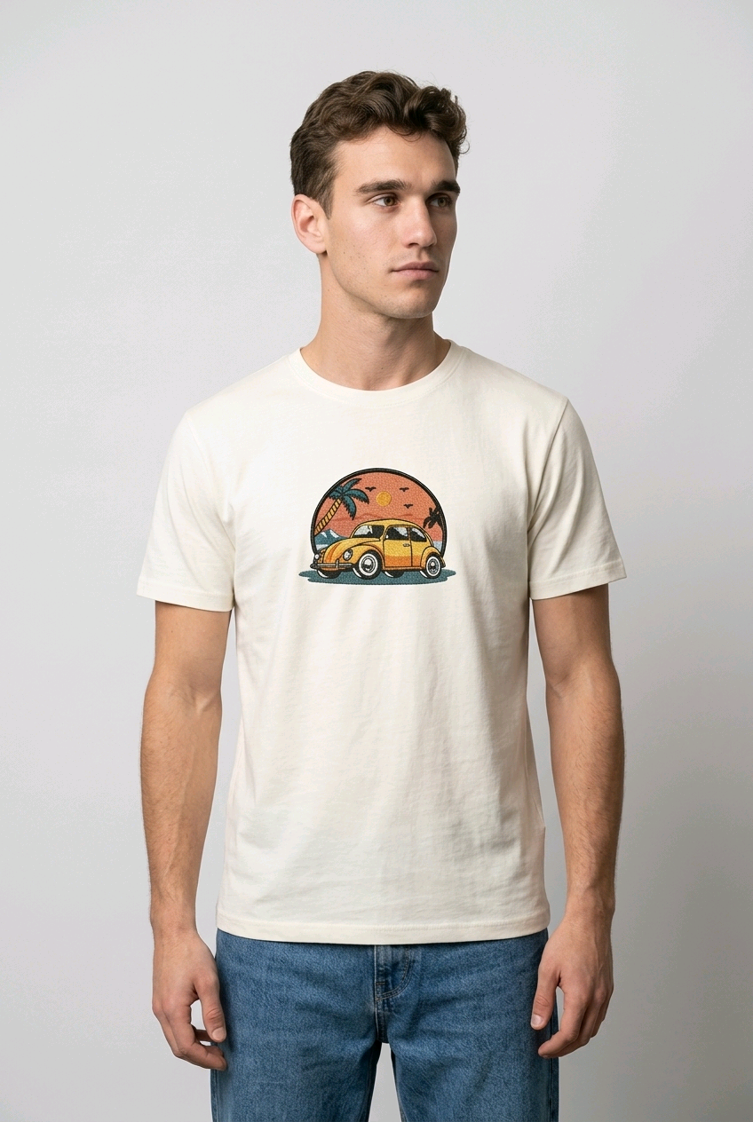 E-commerce product shot of a premium off-white streetwear t-shirt with a colorful summer-themed car embroidery and a standard fit.