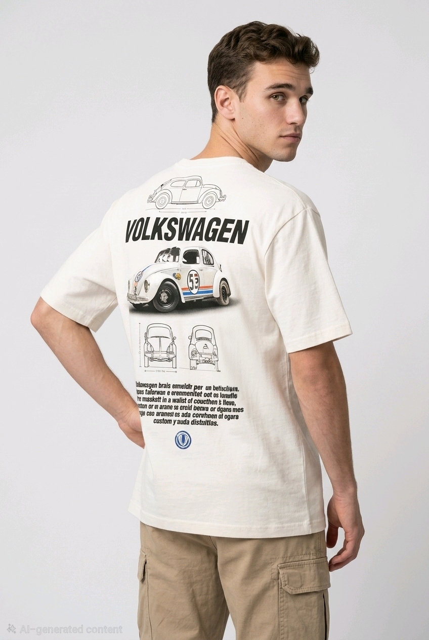 E-commerce product shot of a premium off-white streetwear t-shirt with a colorful summer-themed car embroidery and a standard fit.