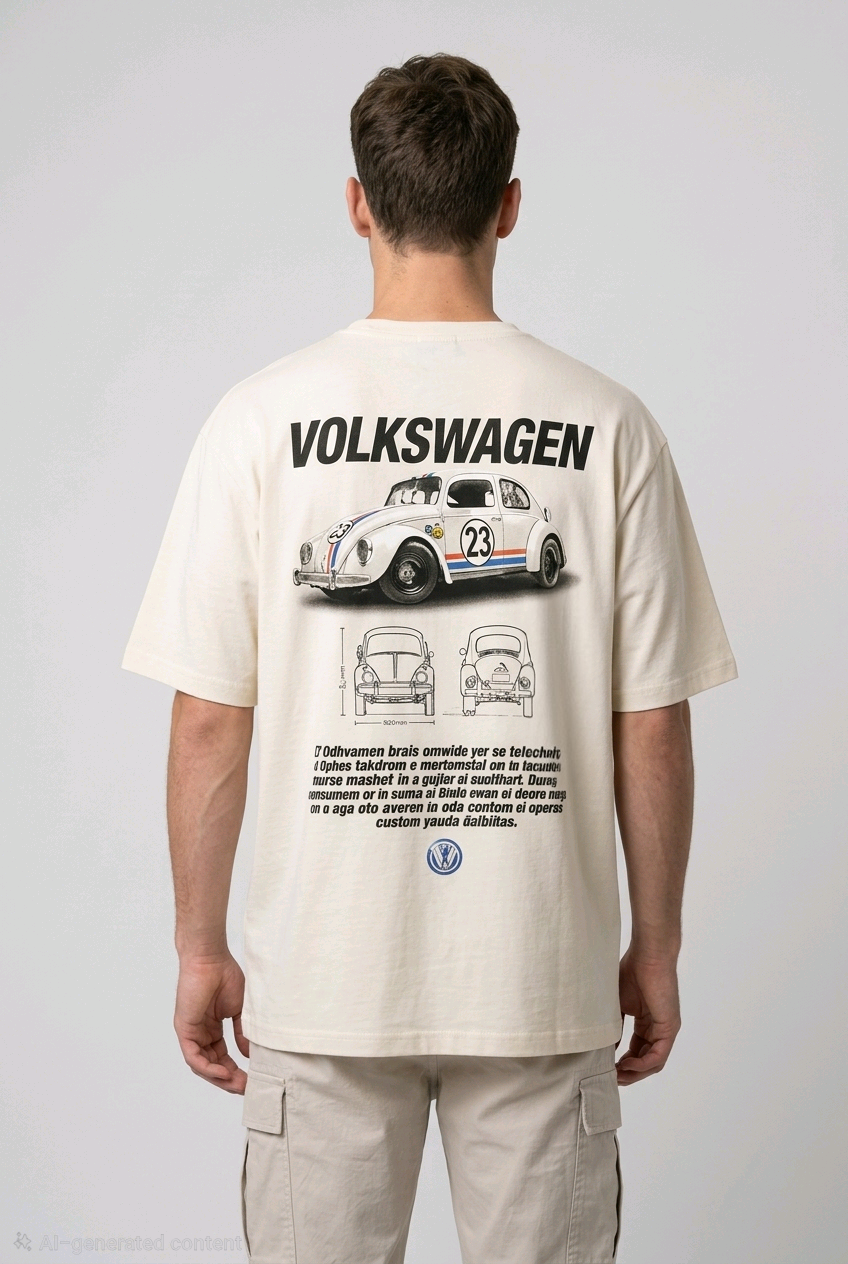 E-commerce product shot of a premium off-white streetwear t-shirt with a colorful summer-themed car embroidery and a standard fit.